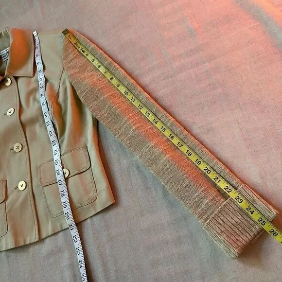 ST. JOHN Knit Sleeve Khaki Cotton Cropped Jacket S Quiet Luxury Academia